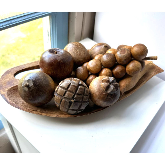 Vtg MCM Wooden Bowl With Fruit 9 Pieces Of Hand Carved Fruit & Wooden Leaf Bowl - Picture 4 of 13